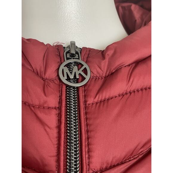 Michael Kors Puffer Jacket Hoodie Down Fill Burgundy FLAW - Picture 3 of 16